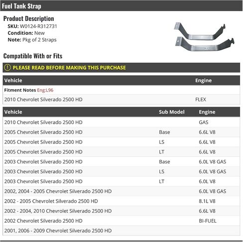 Fuel Tank Straps - 2 Piece - Compatible with 2001-2010 Chevy Silverado 2500 HD in Saudi Arabia