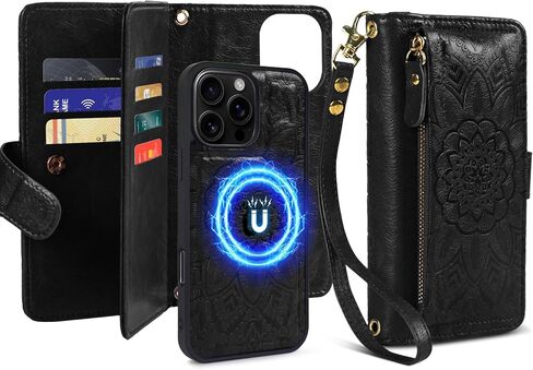 Harryshell for iPhone 16 Pro 6.3 inch Detachable Magnetic Case Wallet,Compatible with Magsafe Wireless Charging, [Theft-Scan Blocking] Card Slots, Cash Zipper Pocket Wrist Strap (Floral Teal) in Kuwait