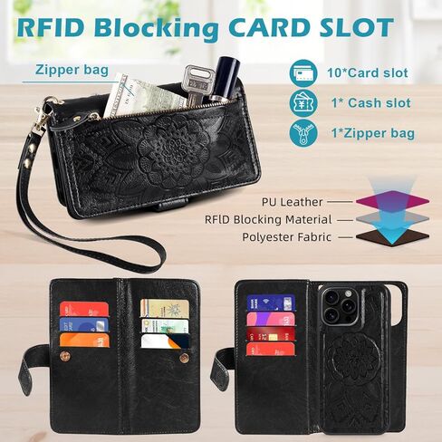 Harryshell for iPhone 16 Pro 6.3 inch Detachable Magnetic Case Wallet,Compatible with Magsafe Wireless Charging, [Theft-Scan Blocking] Card Slots, Cash Zipper Pocket Wrist Strap (Floral Teal) in Kuwait