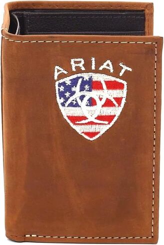 ARIAT Men's Leather Trifold Wallet with American Flag Shield Embroidery in Saudi Arabia