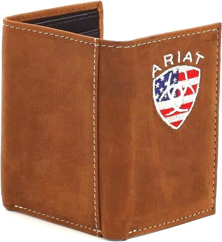 ARIAT Men's Leather Trifold Wallet with American Flag Shield Embroidery in Saudi Arabia
