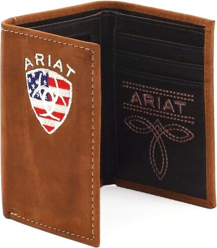 ARIAT Men's Leather Trifold Wallet with American Flag Shield Embroidery in Saudi Arabia