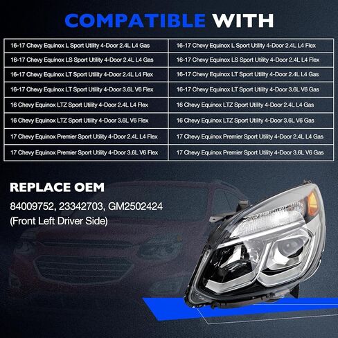 المصباح الأمامي، متوافق مع 2016 2017 Chevy Equinox L LS LT LTZ Premier، استبدل 84009751 23342702 GM2503424 مصباح أمامي أمامي يمين للركاب ومصباح أمامي in Kuwait