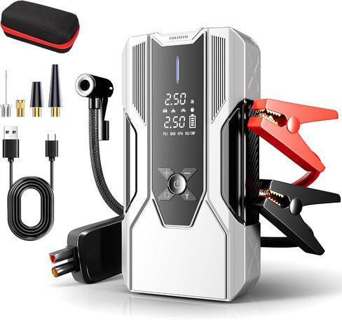 Emergency Portable Jump Starter with Air Compressor - 3000A 150PSI for Cars, Trucks & SUVs up to 9L Gas/7L Diesel, 12000mAh Portable Power Bank, -20°F Cold Start (Silver) in Saudi Arabia