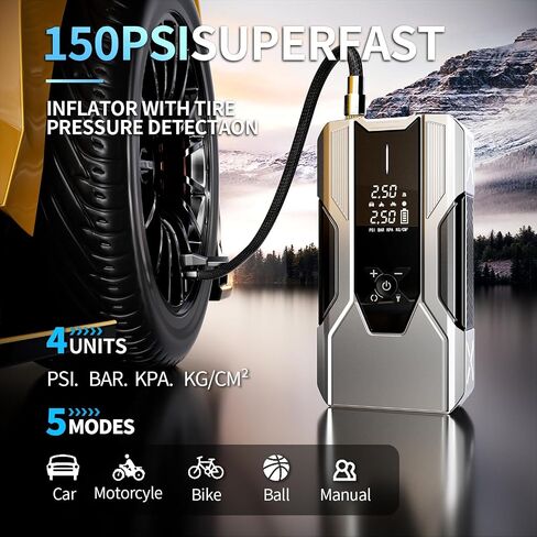 Emergency Portable Jump Starter with Air Compressor - 3000A 150PSI for Cars, Trucks & SUVs up to 9L Gas/7L Diesel, 12000mAh Portable Power Bank, -20°F Cold Start (Silver) in Saudi Arabia