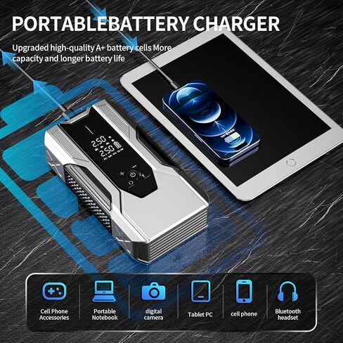 Emergency Portable Jump Starter with Air Compressor - 3000A 150PSI for Cars, Trucks & SUVs up to 9L Gas/7L Diesel, 12000mAh Portable Power Bank, -20°F Cold Start (Silver) in Saudi Arabia