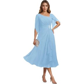 Mother of The Bride Dresses for Wedding-Chiffon Tea Length A Line Corset Flutter Sleeves in Saudi Arabia