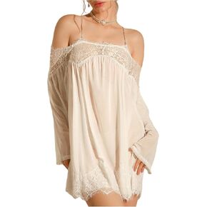 MakeMeChic Women's Contrast Lace Sheer Mini Nightgown Long Sleeve Chain Strap Lingerie Slip Dress in Kuwait