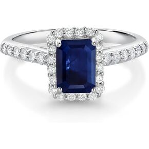 Gem Stone King 10K White Gold Blue Sapphire and White Lab Grown Diamond Halo Engagement Wedding Ring For Women (1.90 Cttw, Emerald Cut 7X5MM, Available In Size 5, 6, 7, 8, 9) in Saudi Arabia