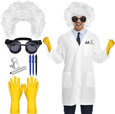 6 Pcs Halloween Mad Scientist Costume for Adult with Lab Coat Goggles Glasses Wig Rubber Gloves for Halloween Party in Saudi Arabia