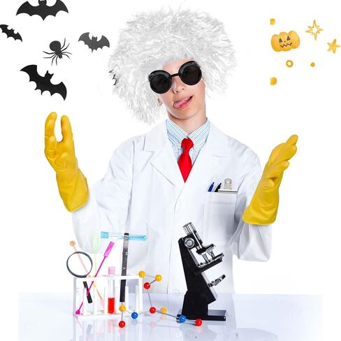 6 Pcs Halloween Mad Scientist Costume for Adult with Lab Coat Goggles Glasses Wig Rubber Gloves for Halloween Party in Saudi Arabia