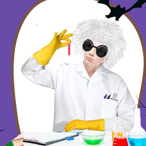 6 Pcs Halloween Mad Scientist Costume for Adult with Lab Coat Goggles Glasses Wig Rubber Gloves for Halloween Party in Saudi Arabia