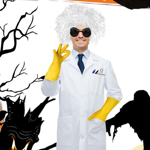 6 Pcs Halloween Mad Scientist Costume for Adult with Lab Coat Goggles Glasses Wig Rubber Gloves for Halloween Party in Saudi Arabia