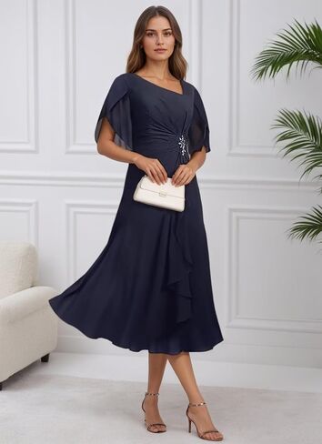 Mother of The Bride Dresses for Wedding-Chiffon Tea Length A Line Corset Flutter Sleeves in Saudi Arabia