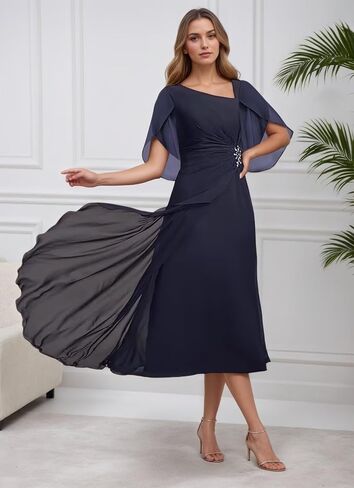 Mother of The Bride Dresses for Wedding-Chiffon Tea Length A Line Corset Flutter Sleeves in Saudi Arabia