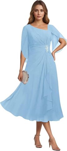 Mother of The Bride Dresses for Wedding-Chiffon Tea Length A Line Corset Flutter Sleeves in Saudi Arabia