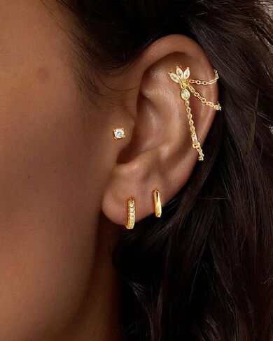 7Pcs Earring Stacks Cartilage Helix Flat Back Hoop Set For Women Stud Small Huggie Chain Multiple Piercing 14K Gold Plated Jewelry Triple Cubic Zirconia in Saudi Arabia