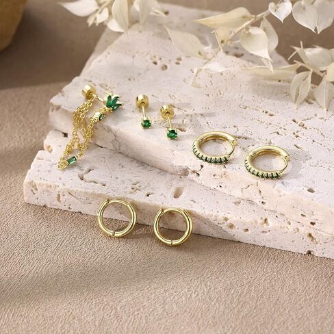 7Pcs Earring Stacks Cartilage Helix Flat Back Hoop Set For Women Stud Small Huggie Chain Multiple Piercing 14K Gold Plated Jewelry Triple Cubic Zirconia in Saudi Arabia