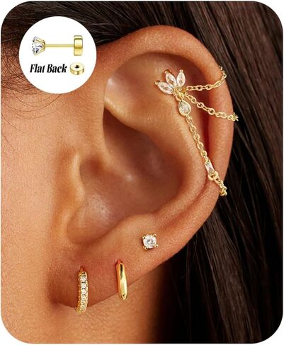 7Pcs Earring Stacks Cartilage Helix Flat Back Hoop Set For Women Stud Small Huggie Chain Multiple Piercing 14K Gold Plated Jewelry Triple Cubic Zirconia in Saudi Arabia
