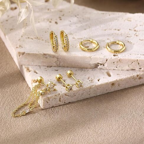 7Pcs Earring Stacks Cartilage Helix Flat Back Hoop Set For Women Stud Small Huggie Chain Multiple Piercing 14K Gold Plated Jewelry Triple Cubic Zirconia in Saudi Arabia