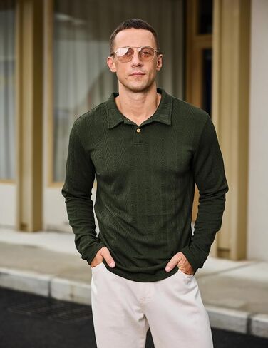 قمصان بولو متماسكة للرجال بأكمام طويلة، قمصان بولو جولف كاجوال ذات ياقة، بلوفر in Kuwait