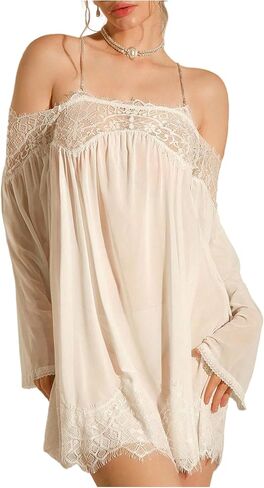 MakeMeChic Women's Contrast Lace Sheer Mini Nightgown Long Sleeve Chain Strap Lingerie Slip Dress in Saudi Arabia