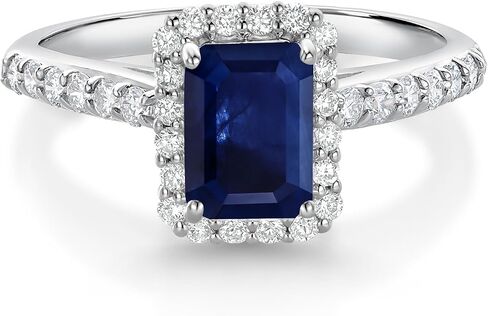 خاتم زفاف من Gem Stone King من الذهب الأبيض 10 قيراط والياقوت الأزرق والأبيض Lab Grown Diamond Halo للنساء (1.90 قيراط، قطع الزمرد 7 × 5 مم، متوفر بمقاس 5، 6، 7، 8، 9) in Saudi Arabia