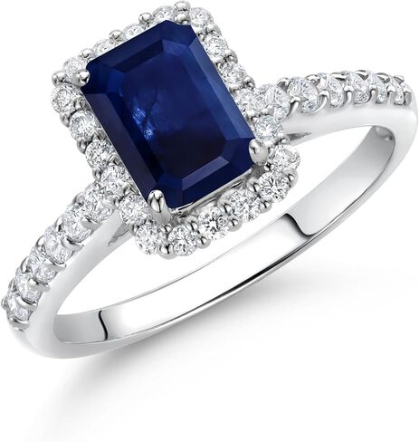 خاتم زفاف من Gem Stone King من الذهب الأبيض 10 قيراط والياقوت الأزرق والأبيض Lab Grown Diamond Halo للنساء (1.90 قيراط، قطع الزمرد 7 × 5 مم، متوفر بمقاس 5، 6، 7، 8، 9) in Saudi Arabia