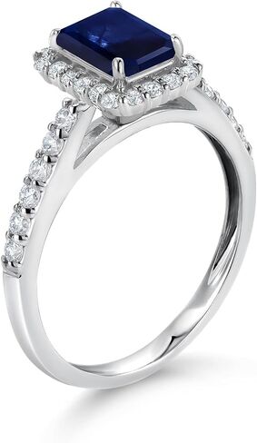 خاتم زفاف من Gem Stone King من الذهب الأبيض 10 قيراط والياقوت الأزرق والأبيض Lab Grown Diamond Halo للنساء (1.90 قيراط، قطع الزمرد 7 × 5 مم، متوفر بمقاس 5، 6، 7، 8، 9) in Saudi Arabia