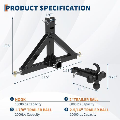 3 Point Trailer Hitch for Tractor with 2" Receiver and Towing Ball Hitch for Category 1 Tractors, 3 Pt Quick Hitch Drawbar Adapter for BX, Kubota, NorTrac, Kioti, Yanmar in Saudi Arabia