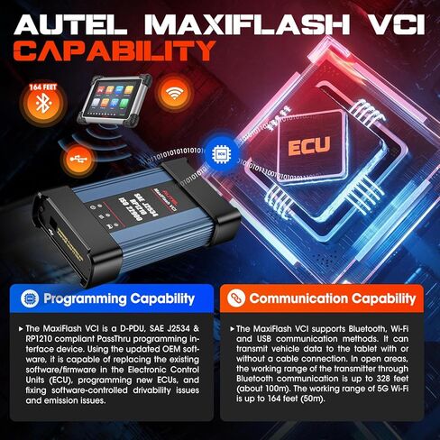مبرمج Autel J2534 Pass-Thru، 2025 MaxiFlash VCI OEM لإعادة البرمجة وأداة التشخيص، SAE J-2534 CAN FD DoIP D-PDU RP1210 متوافق، يعمل مع برنامج OE/MaxiSys Elite II Pro MS909 MS909CV in Saudi Arabia