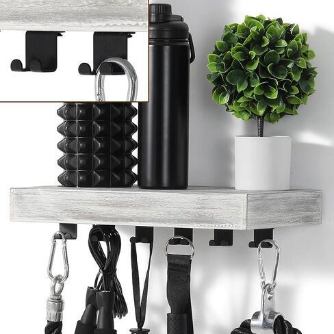 رف إكسسوارات متناغم، منظم رف عائم مثبت على الحائط يناسب العديد من ملحقات الصالة الرياضية المنزلية، رف تخزين متناغم موفر للمساحة مع 6 مشابك على شكل حرف T وشماعات محولات خطافات، أسود in Kuwait