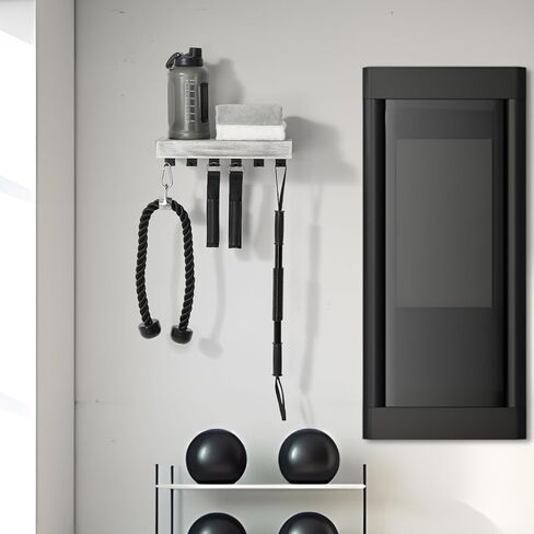 رف إكسسوارات متناغم، منظم رف عائم مثبت على الحائط يناسب العديد من ملحقات الصالة الرياضية المنزلية، رف تخزين متناغم موفر للمساحة مع 6 مشابك على شكل حرف T وشماعات محولات خطافات، أسود in Kuwait