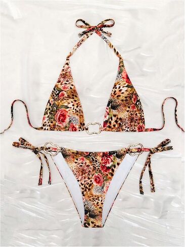 WDIRARA Women's Plus Size 2 Piece Leopard Floral Bikini Sets Ring Linked Triangle Halter Bathing Suit Tie Back Swimsuits in Saudi Arabia