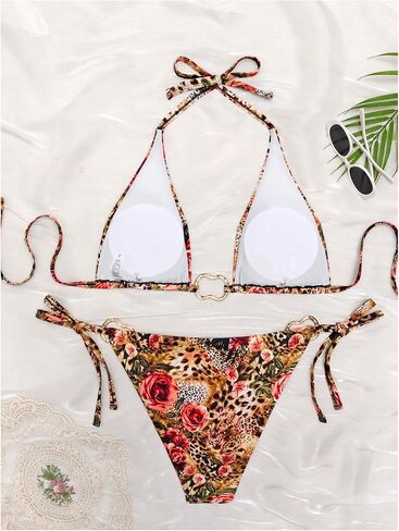 WDIRARA Women's Plus Size 2 Piece Leopard Floral Bikini Sets Ring Linked Triangle Halter Bathing Suit Tie Back Swimsuits in Saudi Arabia