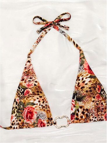 WDIRARA Women's Plus Size 2 Piece Leopard Floral Bikini Sets Ring Linked Triangle Halter Bathing Suit Tie Back Swimsuits in Saudi Arabia