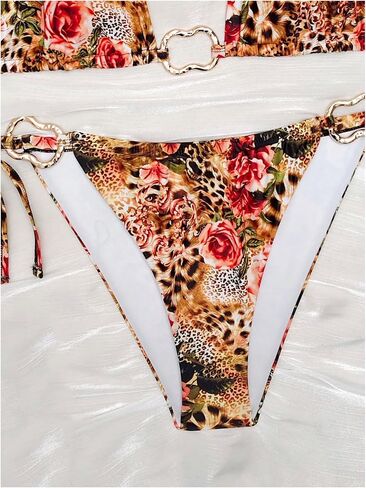 WDIRARA Women's Plus Size 2 Piece Leopard Floral Bikini Sets Ring Linked Triangle Halter Bathing Suit Tie Back Swimsuits in Saudi Arabia