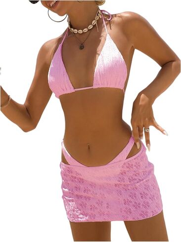 WDIRARA Women's 3 Piece Textured Thong Bikini Set Triangle String Halter Swimsuit with Cover Up Skirt in Saudi Arabia