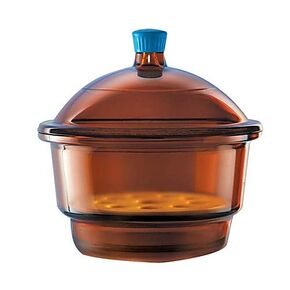 Borosil® Light Blocking Amber Glass Desiccator with Porcelain Plate and Borosilicate Lid with Plastic Knob, Medium (M), 250 mm Diameter, 1/EA