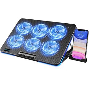 LIANGSTAR Laptop Cooling Pad, Laptop Cooler with 6 Quiet Fans for 12-17 Inch Notebook Gaming Fan Stable Stand, 7 Height & Wind Speed Adjustable, Blue LED Light can Turned Off，2 USB Port & Phone Holder