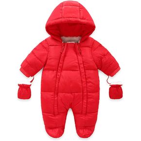 Infant Baby Boys Girls Winter Snowsuit Romper Hoodied Footie Outwear Toddler Jumpsuit Down Coat Jacket + Gloves