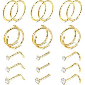 22G 18Pcs G23 Titanium Nose Rings Hoops for Sensitive Skin Double Nose Rings L Shaped Nose Studs Hypoallergenic Nose Piercings Jewelry