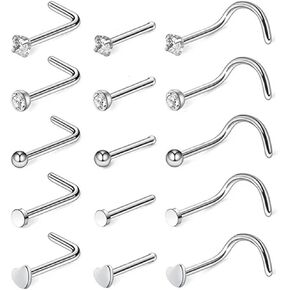 8-15Pcs 20G Nose Rings studs for Woman Hypoallergenic 316L Surgical Steel Nose Piercings Jewelry 2/3mm CZ L Shape Nose Rings 20 Gauge Nose Studs Nose Screw Studs Gold Silver