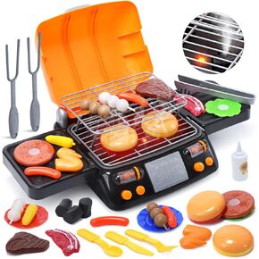 CUTE STONE Cooking Toy BBQ Set, 2-Layer Kids Grill Playset with Play Food, Pretend Smoke Sound and Light, Kitchen Accessories Utensils Toy, Outdoor Camping Barbecue Toys Gift for Toddlers Girls Boys
