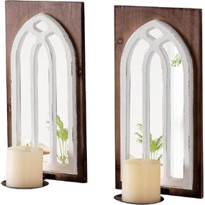 SOFE Arched Window Mirror Candle Sconces Wall Decor Set of 2, Wood Wall Sconces Candle Holder, Cathedral Rustic Wall Decor Hanging Candle Holder for Living Room, Bedroom Bathroom