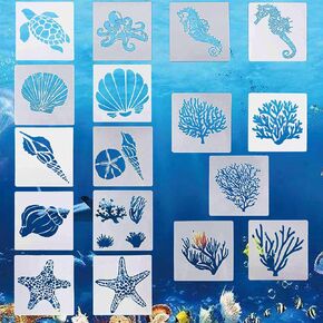 17 PCS Sea Ocean Creatures Stencils, Sea Life Animal Templates for Kids Reusable, Stencil for Painting Spraying, Sponge Roller Painting, Crayon Drawing, Airbrush Painting(5.1 x 5.1 Inch)