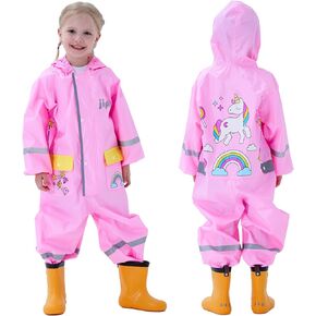 Fewlby Toddler Rain Suit Boys Girls One Piece Raincoat Cartoon Waterproof Coverall Kids Rainwear S-XXL Size