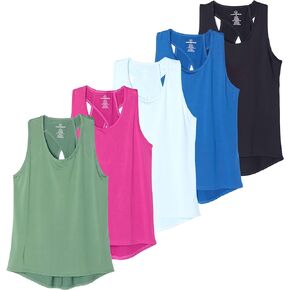 Real Essentials 5 Pack: Women's Crossback Keywhole Open Back Workout Tank Top Dry-Fit Sleeveless Yoga Gym (Available in Plus)