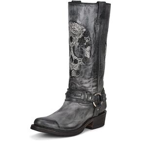 Women's Embroidered Skull And Harness Western Boot Round Toe - A4274