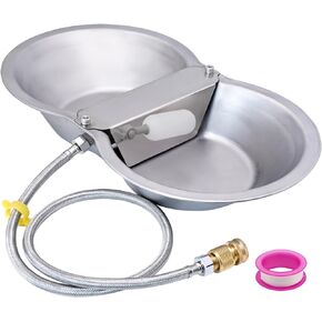 2 Gallon Large Automatic Large Dog Water Dispenser Float Valve Kits Animals Waterer Trough Stainless Steel Bowl for Livestock Chicken Pet Pig Goat Horse, with Water Hose, 2 Brass Connector and Tape